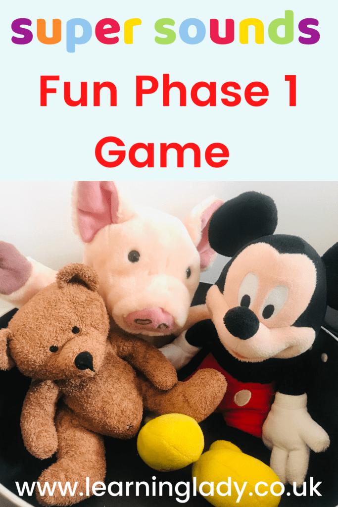 illustrating a brown bear, a pink pig and mickey mouse ready to play a phase 1 phonics alliteration game