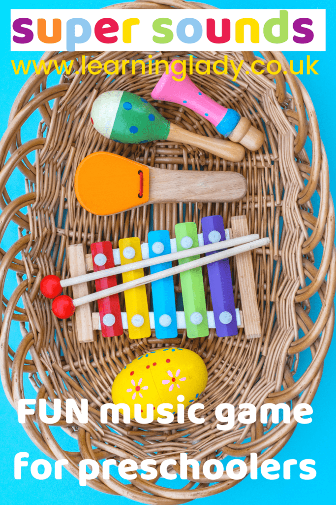 A basket of preschool illustrates the musical instruments needed for preschool phonics activities