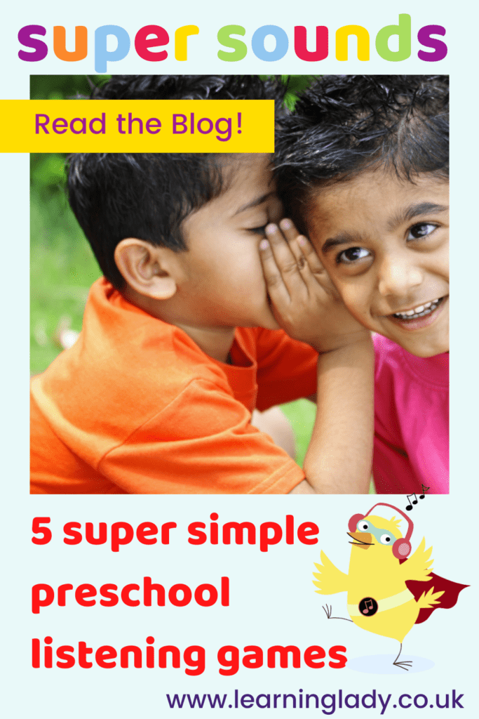 Two preschool boys one whispering, one listening, as they play super simple preschool listening activities.