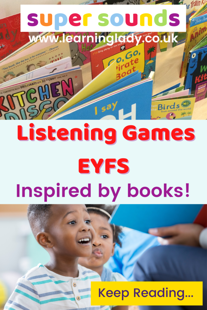 a collection of books to inspire listening games eyfs, with a preschooler listening to one of the stories