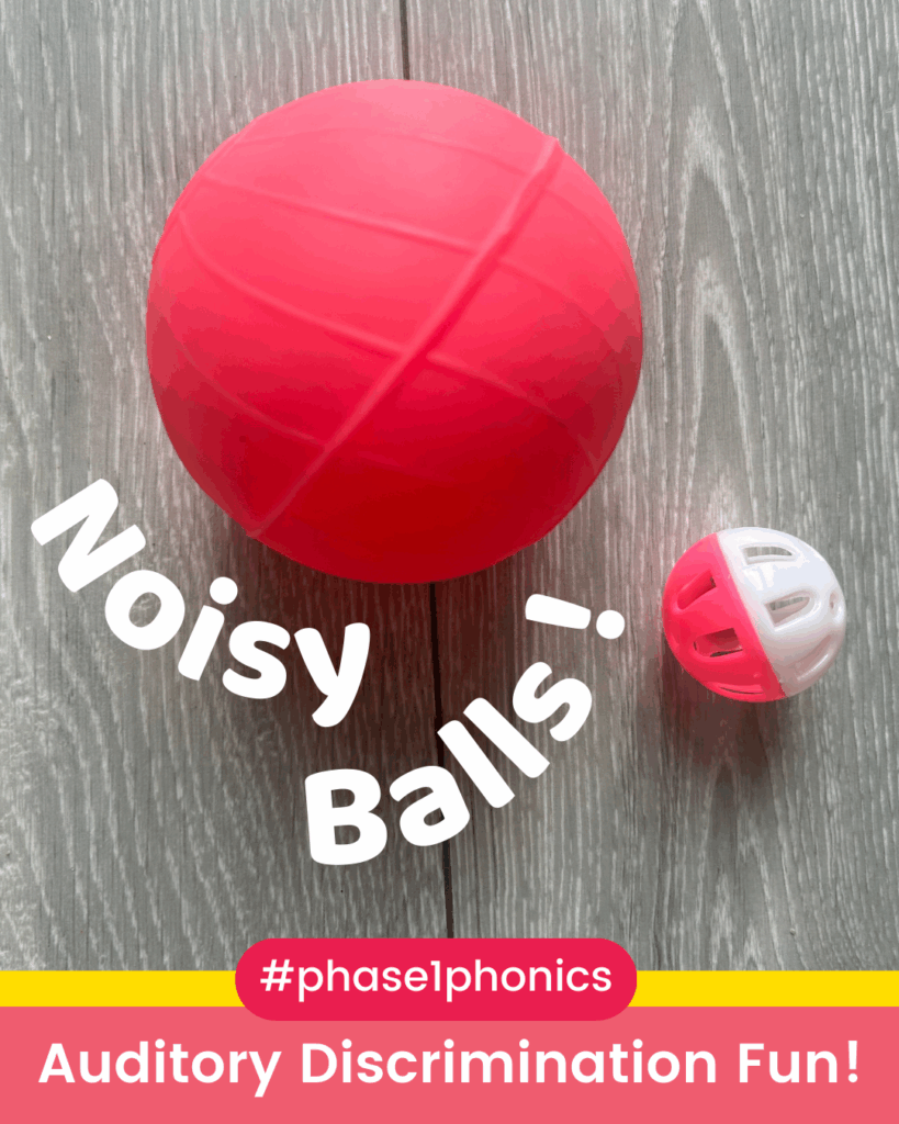 Two balls that make different sounds are pictured as resources for noisy balls letters and sounds phase 1 games