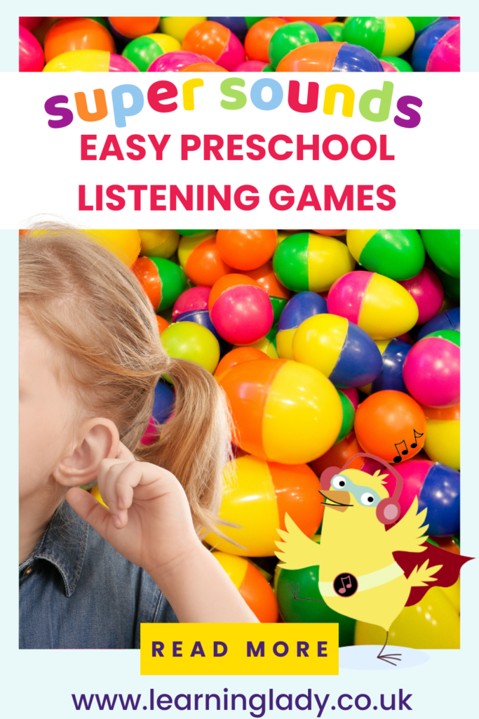 A preschool girl puts a hand to her ear to listen, with a backdrop of plastic eggs used for active games for listening skills