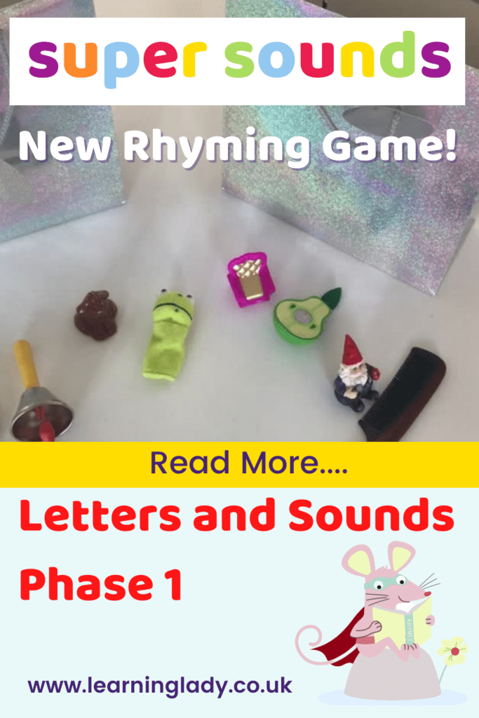 a picture of two gift bags and rhyming toys for playing a letters and sounds phase 1 rhyming pairs game