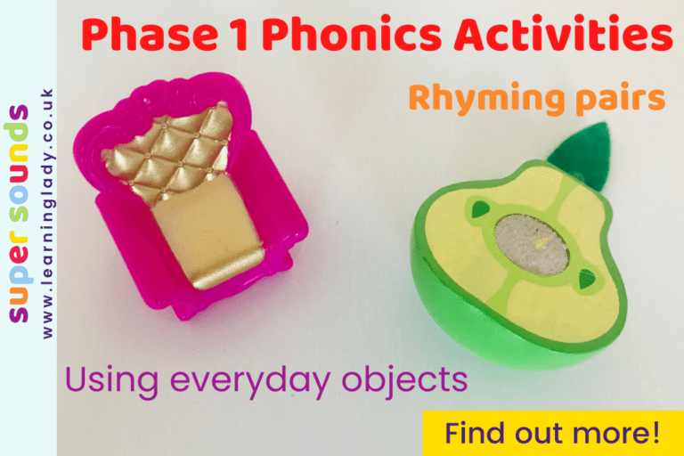 a toy pear and a toy chair ready to be used for phase 1 phonics activities