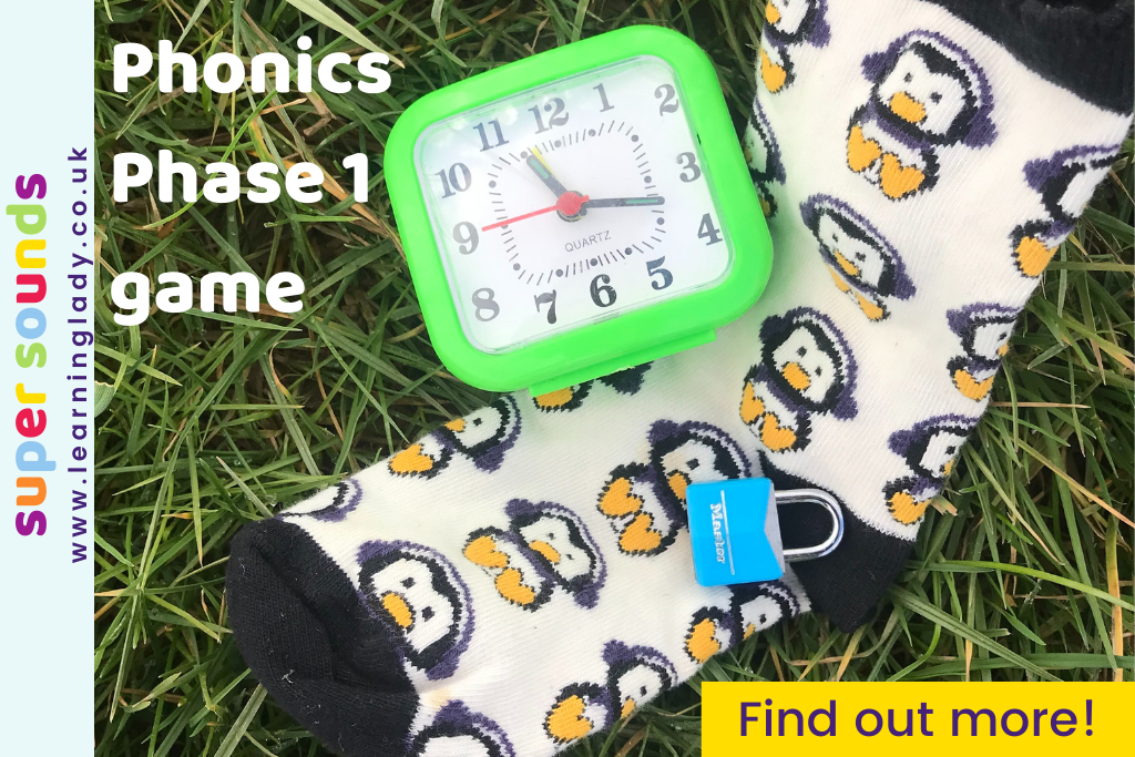 resources needed for a phonics phase 1 game teaching rhyming, including a sock, a clock and a lock