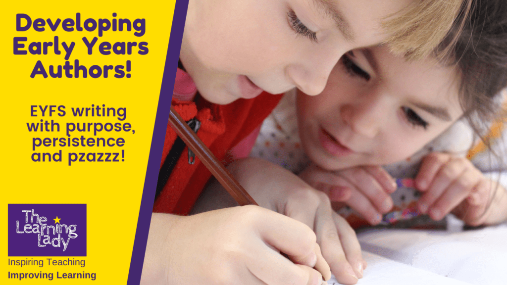 two early years children are pictured engaged in early years writing