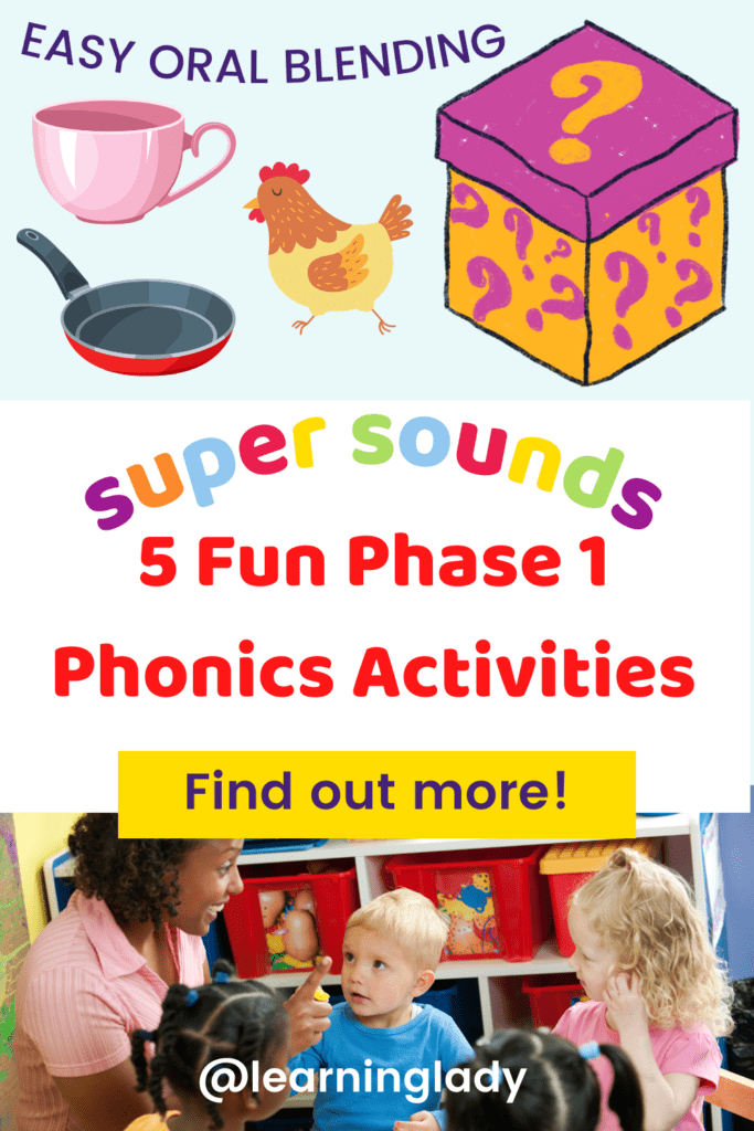 a teacher with 4 preschoolers playing an oral blending phase 1 phonics activity at circle time A hen a pan, and a cup are all pictured as resources to use with this game