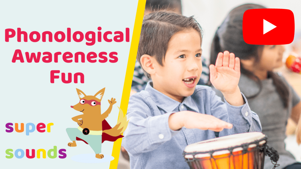 A preschool boy plats the drums during a phological awareness game by The Learning Lady