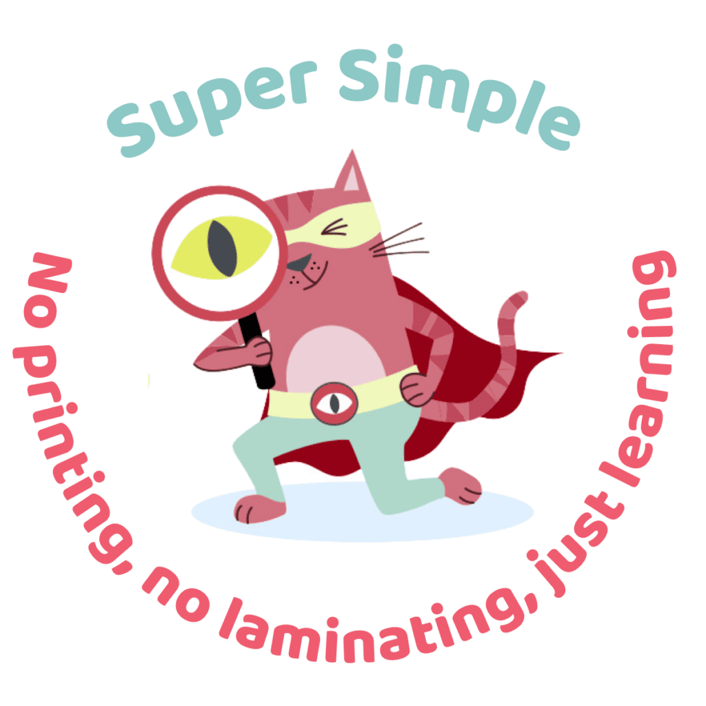 a cat character with a magnifying glass illustrates that super sounds is a super simple version of letters and sounds phase 1