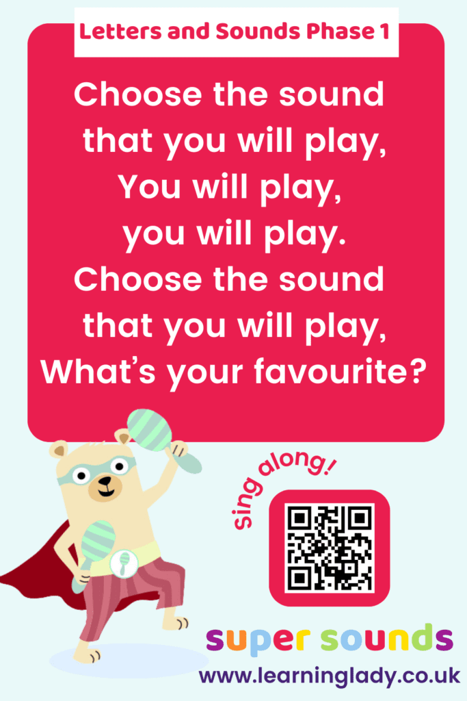 Song words and tune QR code for the Choose an Instrument phase 1 phonics listening games