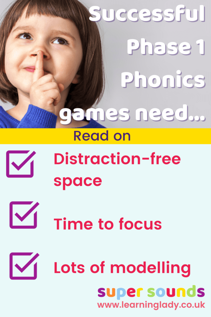 A preschool girl places a finger to her lips to demonstrate the conditions for successful phase 1 phonics games