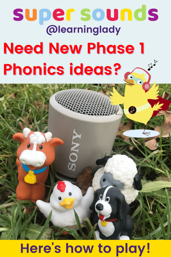 A collection of farm animal toys and a speaker which are the resources needed for these simple phase 1 phonics ideas