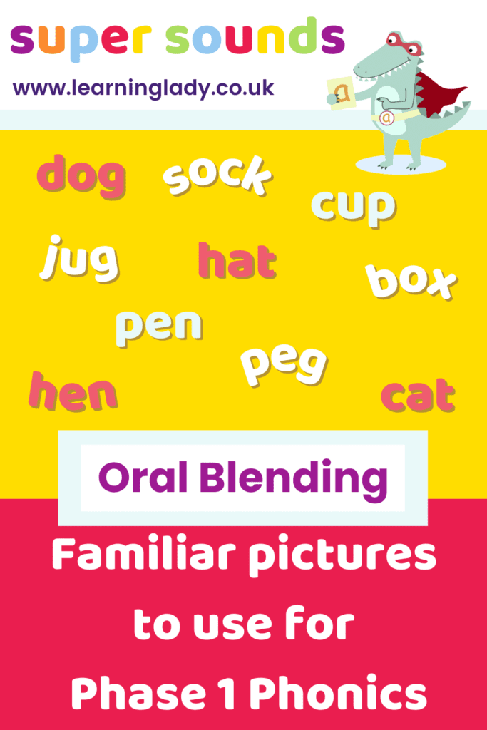 a list of useful words to use for oral blending game including dog, hat, cup, peg and pen