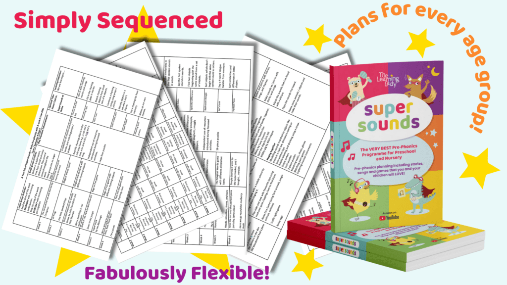 the super sounds book exterior is pictured alongside examples of the phase 1 phonics planning for nursery inside