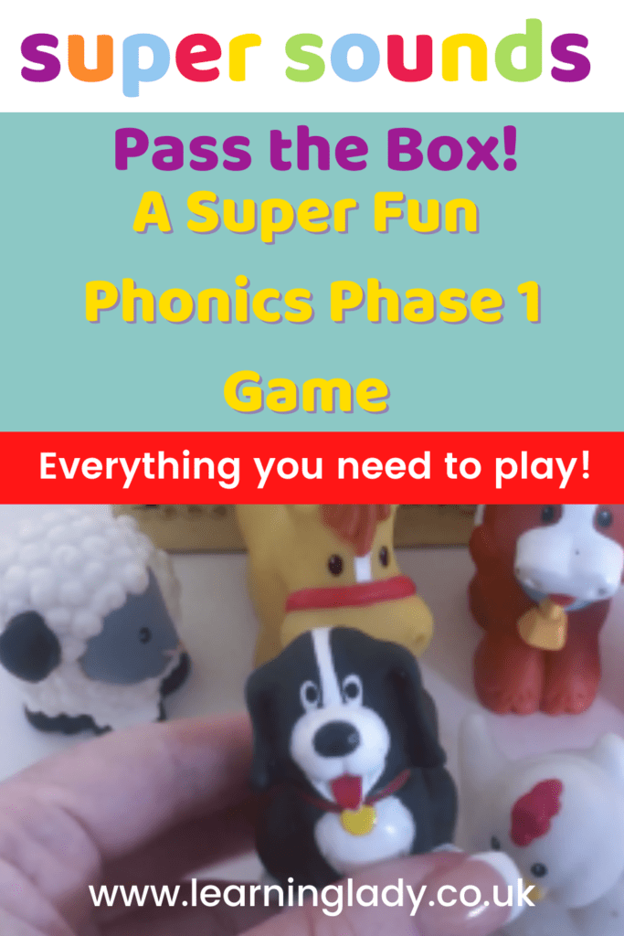A picture of farm animal toys and a box needed for the phonics phase 1 game Pass The Box