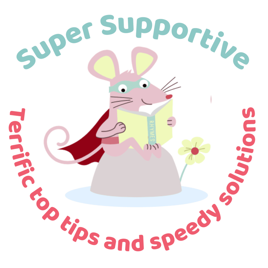 a mouse character illustrates the super supportive slogan for super sounds by the learning lady