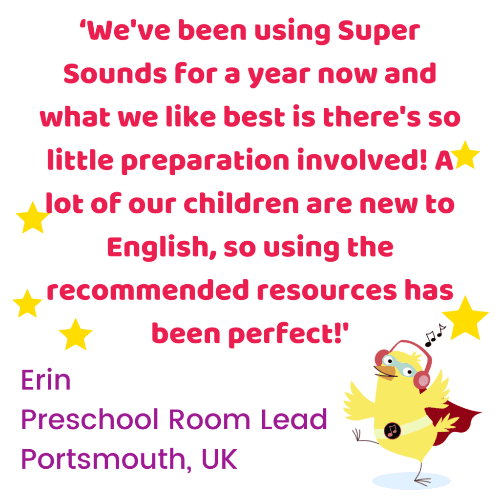 a chick character illustrates a testimonial for super sounds phonics phase 1 games