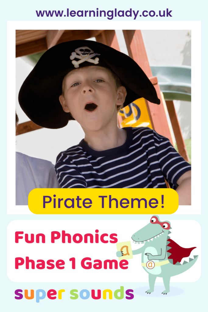 a preschool boy is pictures in pirate hat ready to play the walk the plank oral blending game