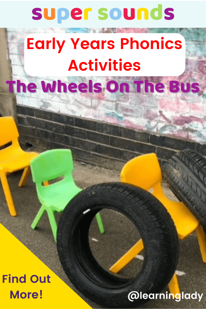 some chairs and tyres make a role play bus for our early years phonics activities outside