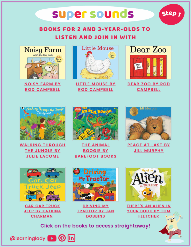 pictures of 12 phonics phase 1 books that are perfect for developing listening prephonic skills with 2 and 3 year olds