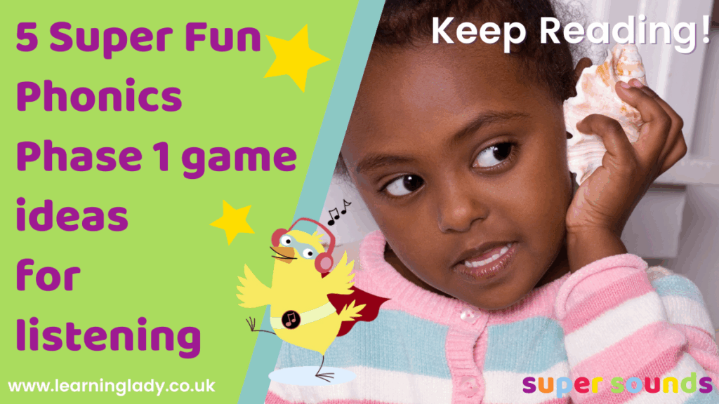 A preschool girl holds a shell to her ear as she plays a phonics phase 1 game for developing listening skills in preschool