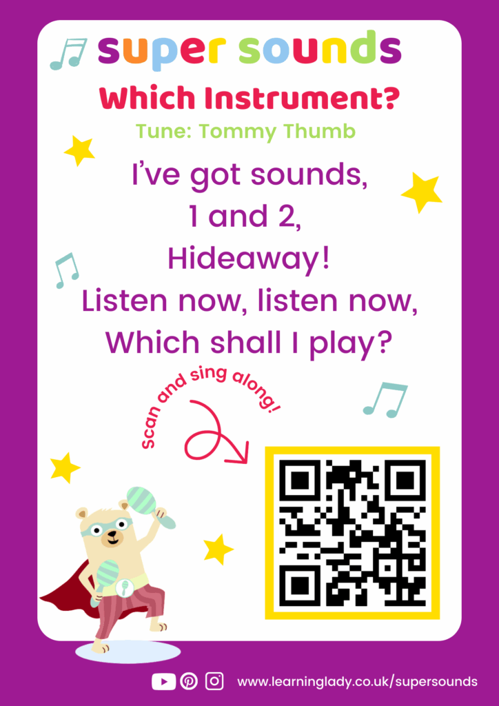 prephonics song words for the listening game for 2 year olds, 'which instrument'
