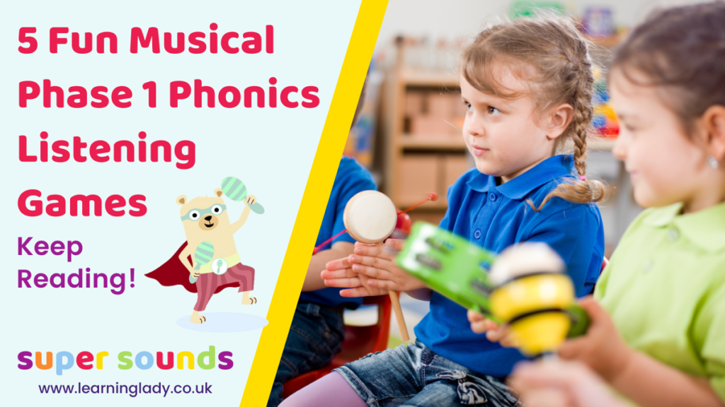 preschoolers are seated with instruments, listening to their teacher as they prepare to play phase 1 phonics listening games