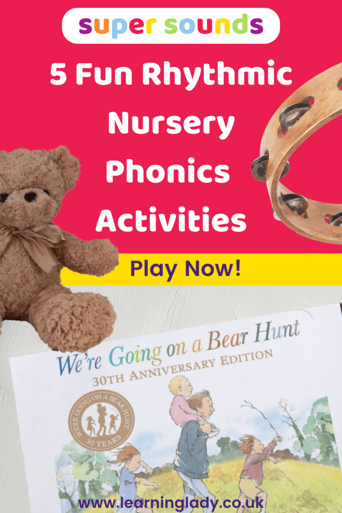 a picture of a book, tambourine and teddy bear used for rhythmic nursery phonics activities
