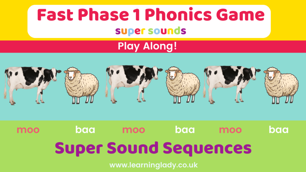 a sequence of farm animals are pictured matched to their sounds to illustrate the super sound sequences phase 1 phonics game