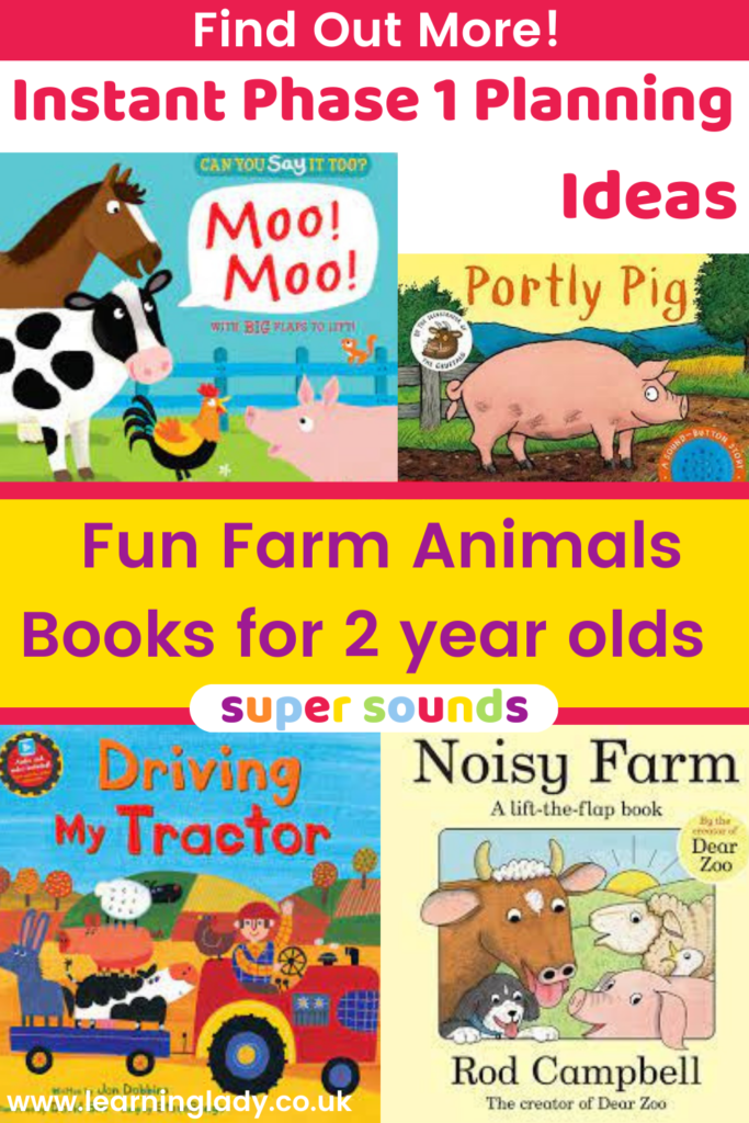 4 preschool farm animal books are pictured to help educators with phase 1 phonics planning