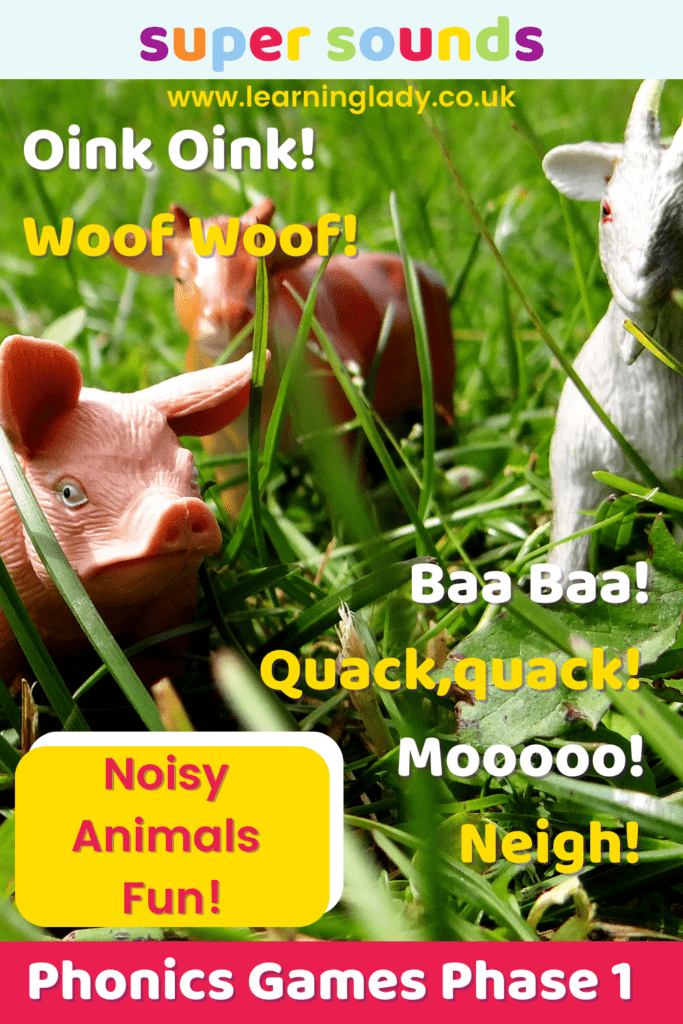 Farm animal toys are pictured hiding in the grass with animal sounds to illustrate the success of some simple phonics games phase 1s