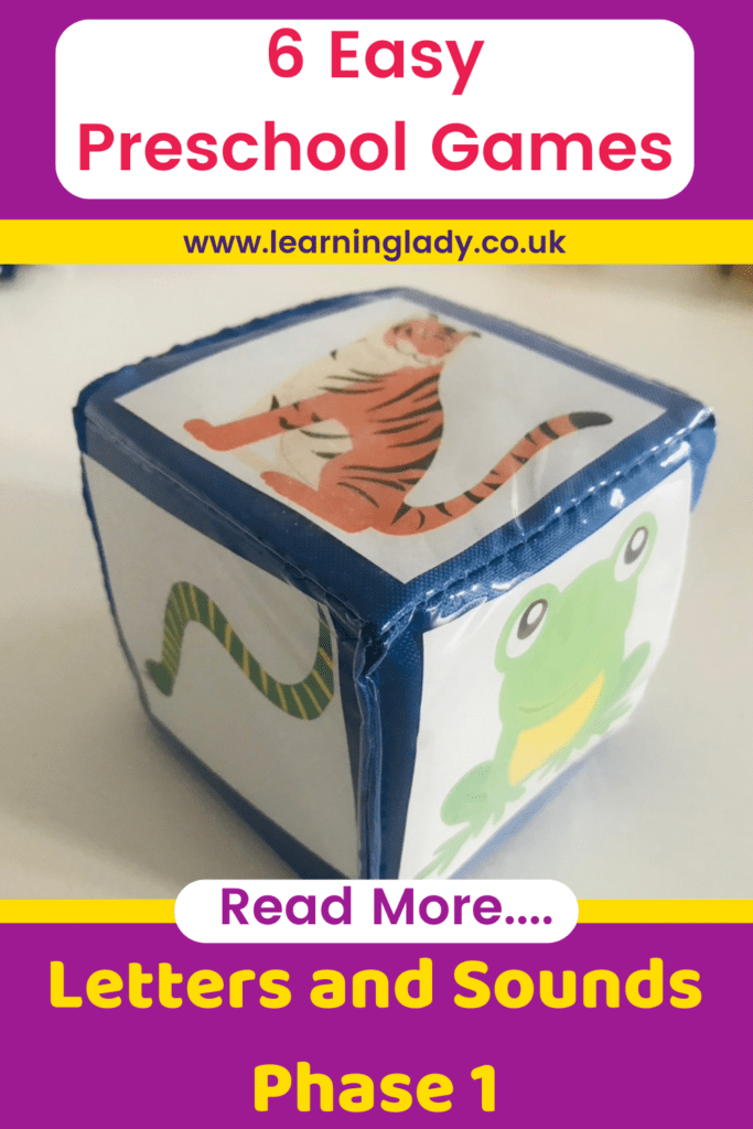 A foam dice with animals is pictured to illustrtae an alternative letters and sounds phase 1 sound matching game