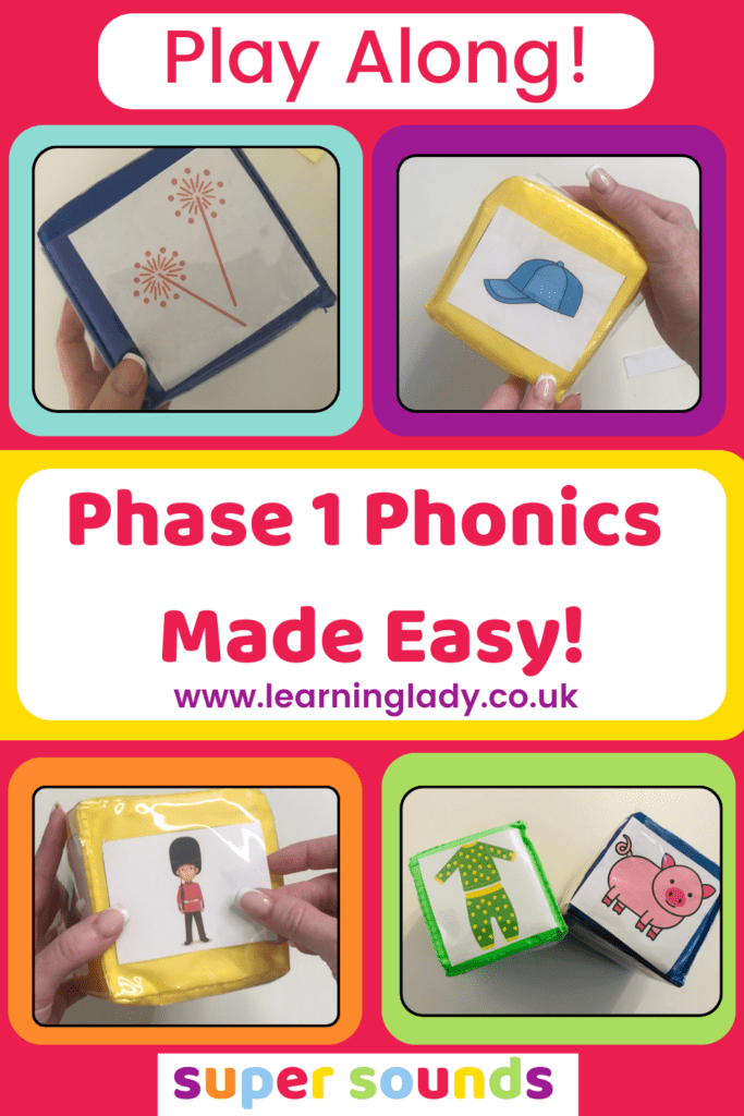 4 phase 1 phonics dice games are pictured to illustrate 4 different ways of using a foam dice with preschoolers