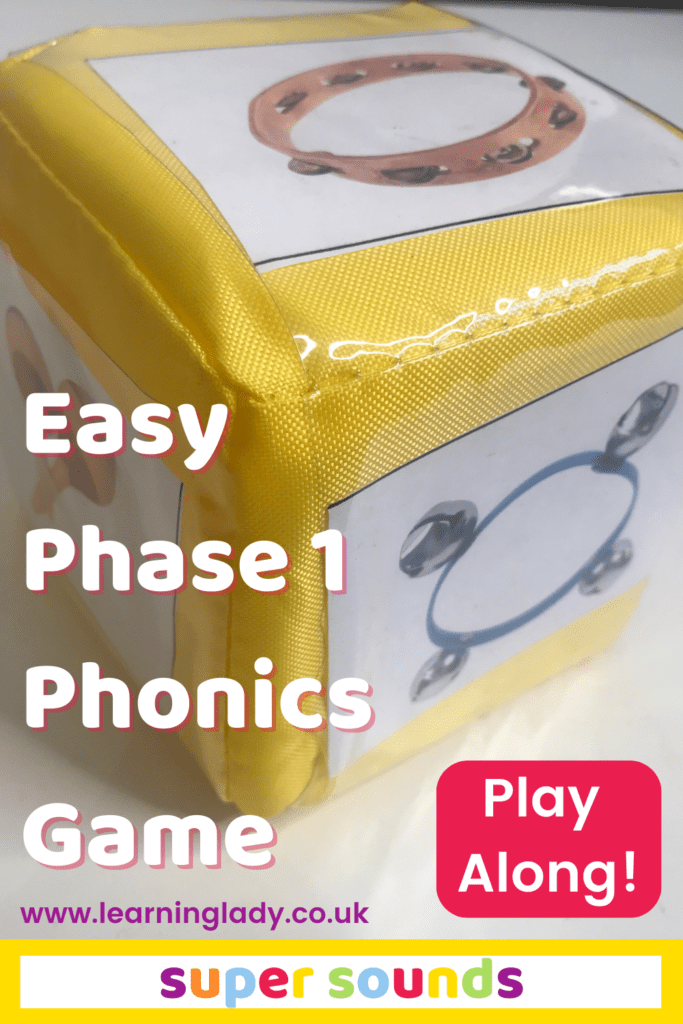 A foam dice with musical instrument pictures inserted is illustrated ready for preschoolers to play a phase 1 phonics game