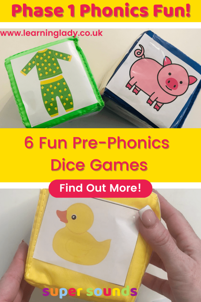 3 foam dice are pictures showing a duck, a pig and pyjamas for developing prephonic skills through dice games
