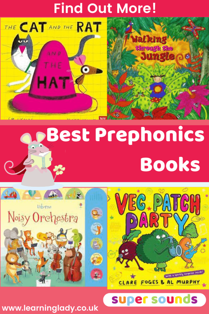 4 prephonics books are pictured including the cat, the rat and the hat and veg patch party