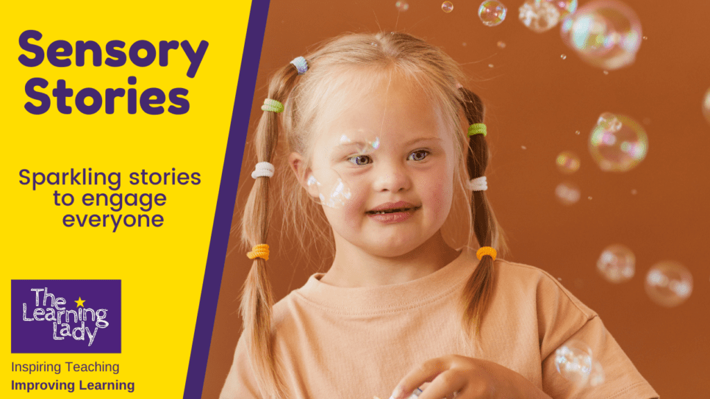 a girl with downs syndrome blows bubbles as she joins in with sensory stories