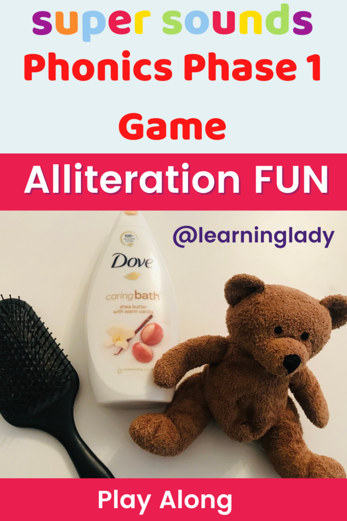 a black brush, and bubble bath are pictured for a phonics phase 1 game which develops alliteration