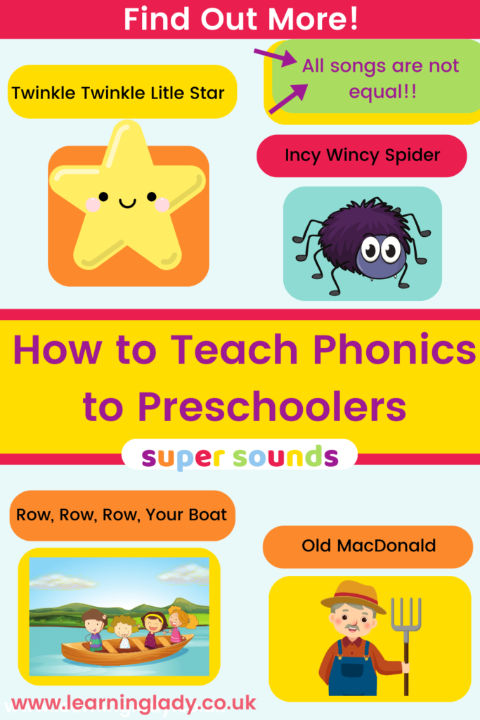 Pictures of nursery rhymes show how to teach phonics to preschoolers by picturing preschool phonics songs