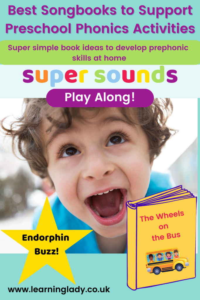 The best songbooks-to-support preschool phonics activities are illustrated by a book of the wheels on the bus
