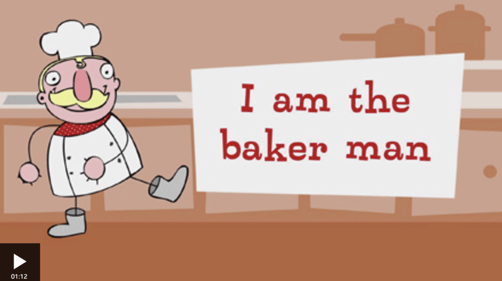 I am the baker man is a great song to sing as one of your phonics for 3 year olds songs
