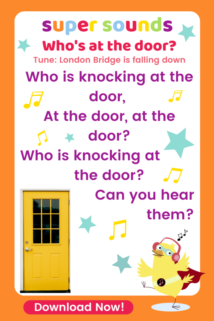 Words to a nursery phonics song and game called who is knocking at the door