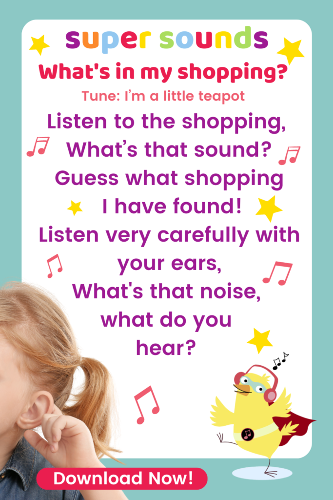The preschool phonics song words for ‘Listen to the shopping’, sung to the tune of I’m a little teapot