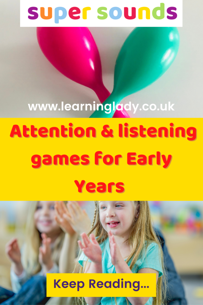 a group of preschoolers are pictured playing attention and listening games for early years using instruments