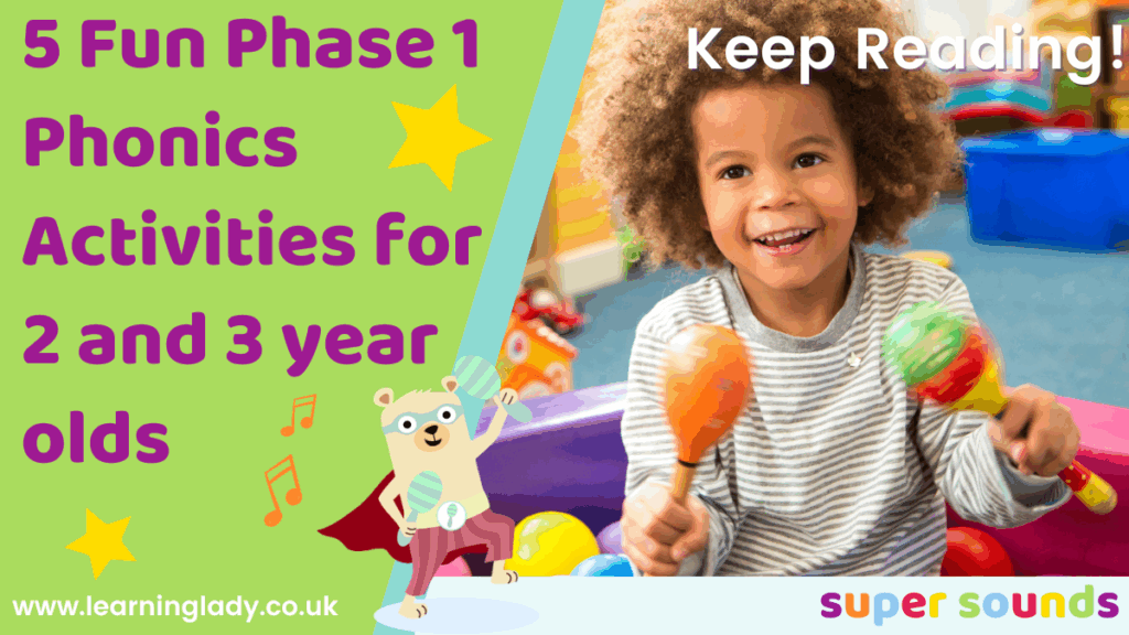 A 3 year old plays maracas as he enjoys phase 1 phonics activities using musical instruments