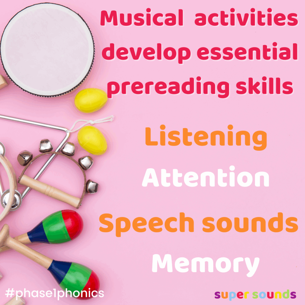musical phase 1 phonics activities illustrate developing essntial prereading skills of listening, memory, speech sounds and attention