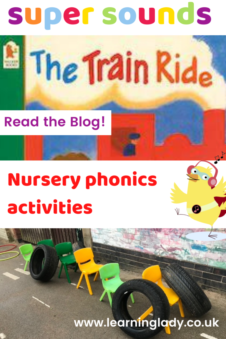 nursery activities fir 4 year olds. An outdoor area with a row of seats to emulate a train for children to play on. A copy of the book The Train Ride by June Crebbin