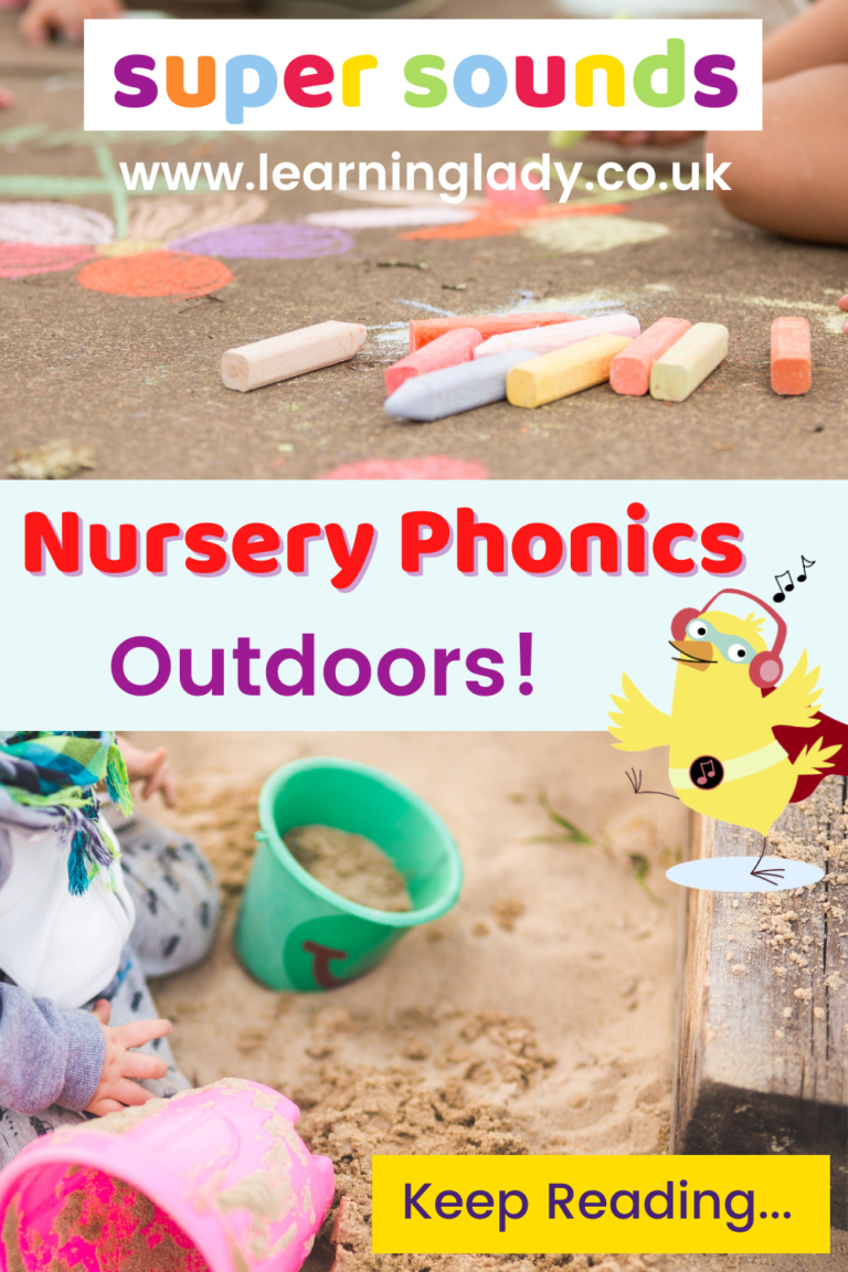 A selection of sand and outdoor resources including chalk for mark making being used for nursery phonics outdoors