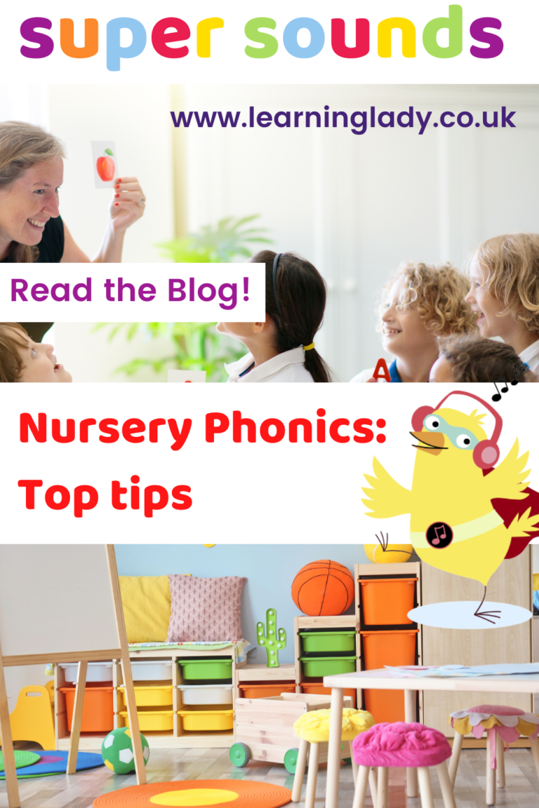 A banner saying Nursery Phonics: Top Tips with images of nursery children in a nursery setting.