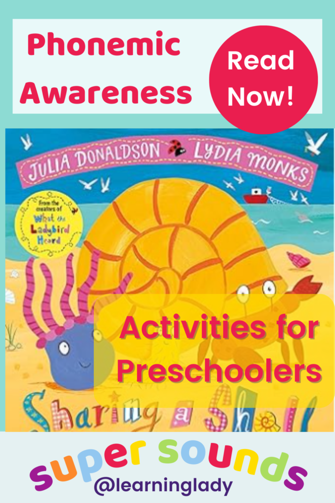 An image of the front cover of Julia Donaldson's Sharing a Shell to illustrate a book to support alliteration teaching and learning for phonemic awareness activities for preschoolers